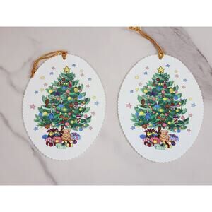 Nikko Ornament Fine China 5" Christmas Scalloped Hanging Tree Japan x2 Vintage